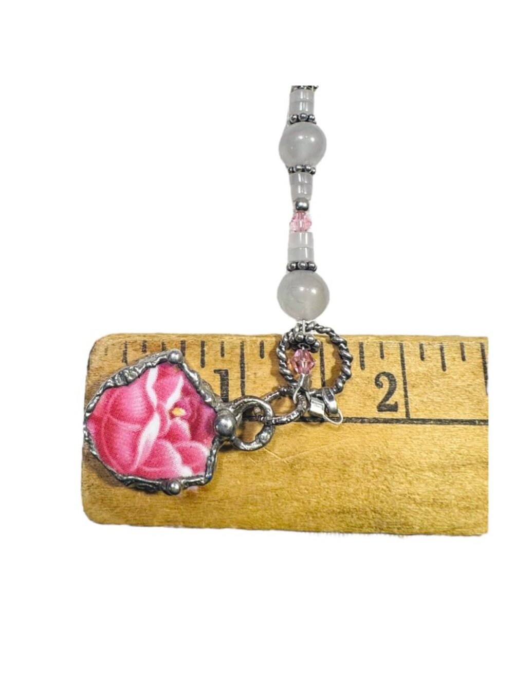 Vintage Pink Rose Quartz Bracelet Broken China Charm Cabochon - Picture 8 of 11